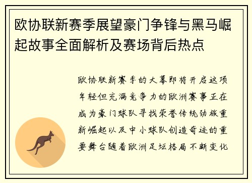 欧协联新赛季展望豪门争锋与黑马崛起故事全面解析及赛场背后热点 欧协联新赛季展望豪门争锋与黑马崛起故事全面解析及赛场背后热点